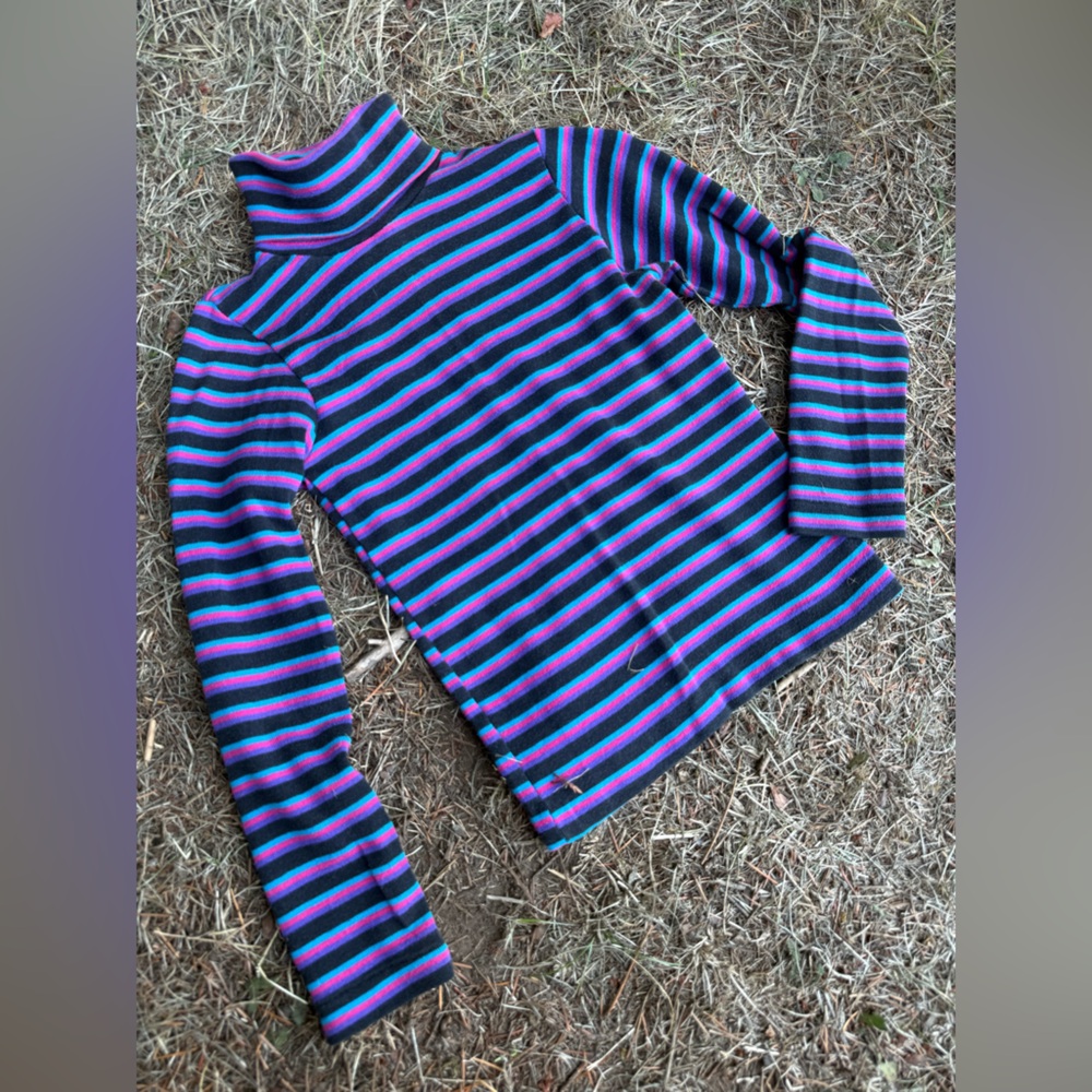 Vintage 90s Health-Tex black / pink / turquoise striped turtle neck youth large